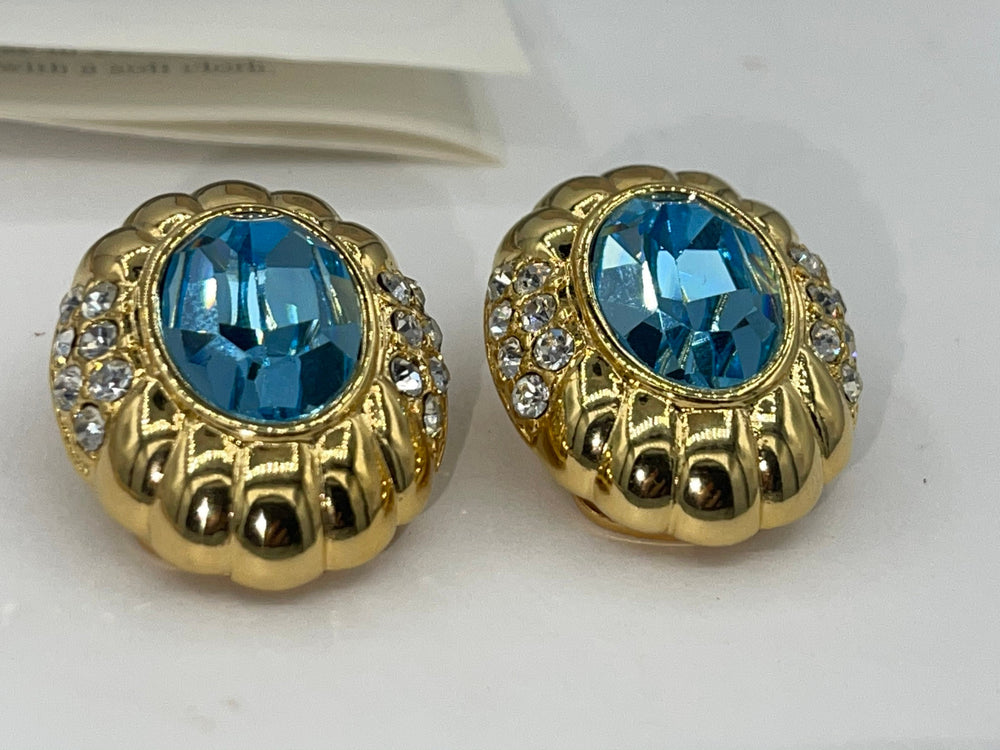 Vintage Designer Nolan Miller Clip On Earrings Blue and Clear Crystals Cosmopolitan Beautiful Gold Tone New in Box