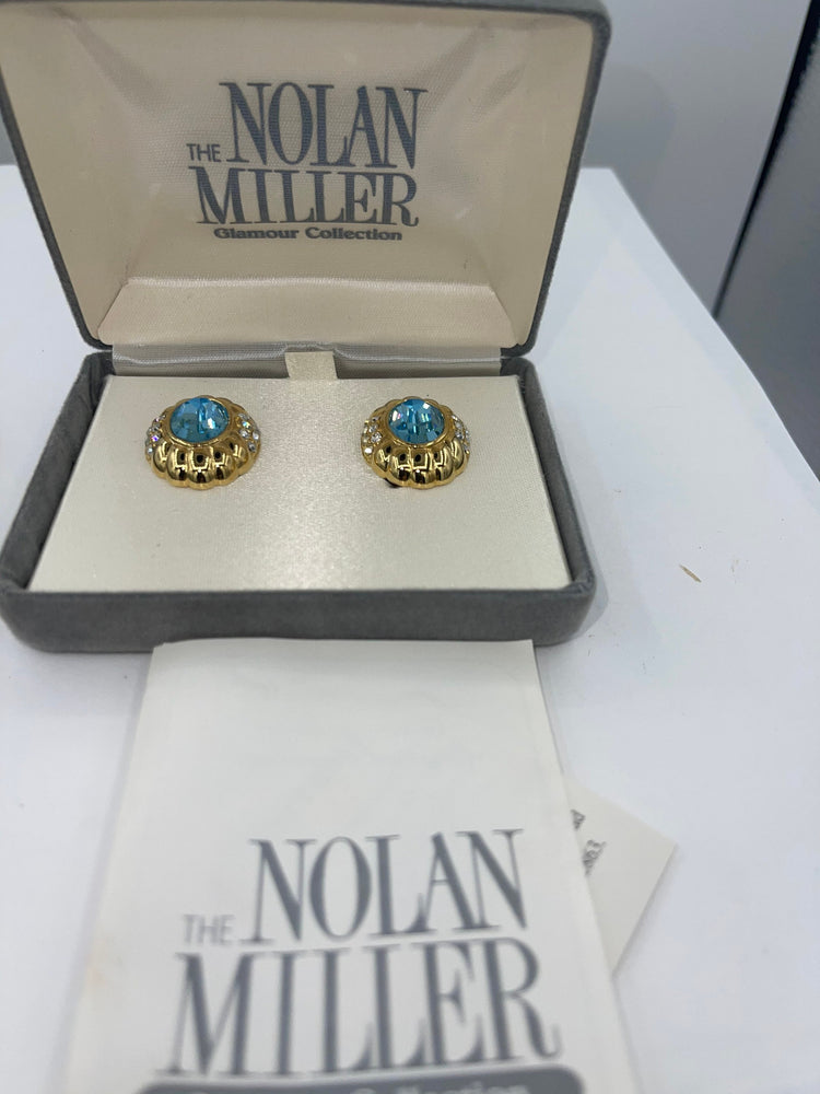 Vintage Designer Nolan Miller Clip On Earrings Blue and Clear Crystals Cosmopolitan Beautiful Gold Tone New in Box