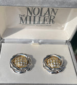 Vintage Designer Nolan Miller Clip On Earrings  Clear  Crystals Flower Gold & Silver Tone Beautiful New in Box