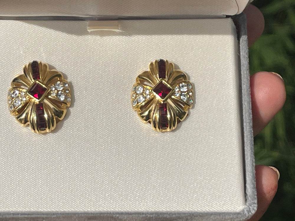 Vintage Designer Nolan Miller Clip On Earrings Bordeaux Faux Garnet & Crystals New in Box