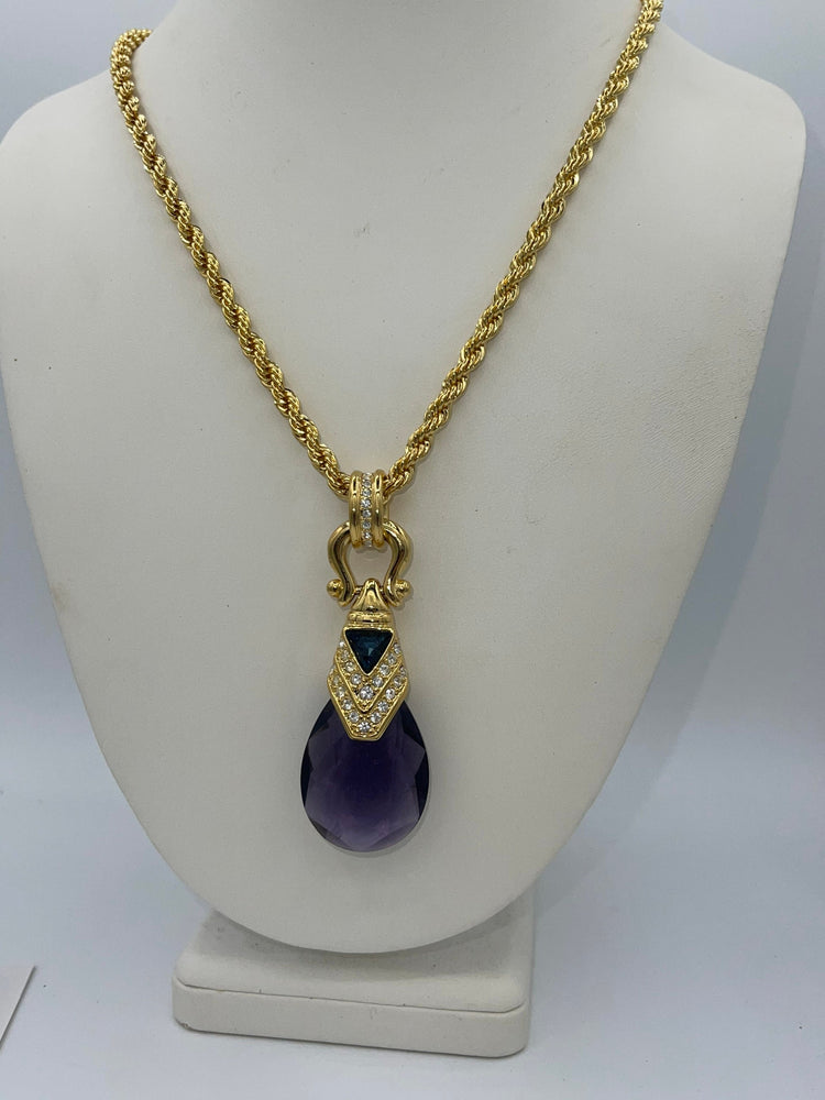 Vintage Designer Nolan Miller De Medici Pendant & Necklace Purple and Clear Crystals 34 in Long Gold Chain New in Box