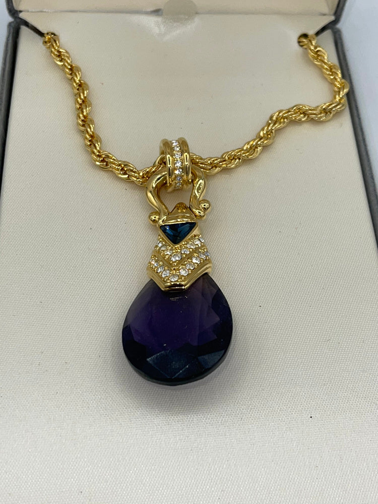Vintage Designer Nolan Miller De Medici Pendant & Necklace Purple and Clear Crystals 34 in Long Gold Chain New in Box
