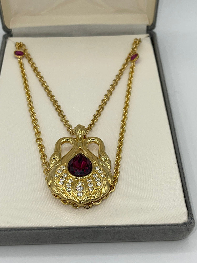 Vintage Designer Nolan Miller Touch of Romance Swans Pendant Necklace 2 Chains Purple Crystals New in Box Rare