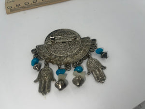 Vintage Silver Tone Hamsa Brooch w Turquoise Gemstone Dangles Protection- Ward Off Evil
