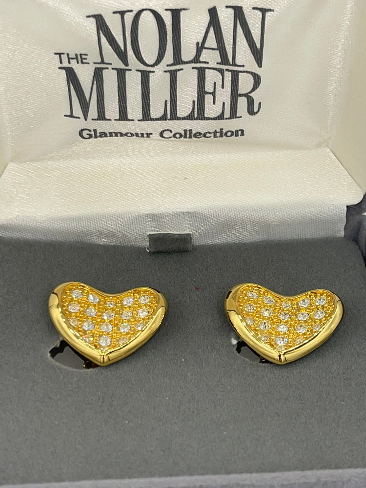 Vintage Designer Nolan Miller Clip On Earrings pave Crystal Hearts New in Box