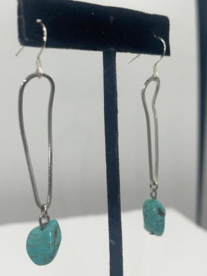 Vintage Long Dangles Turquoise Gemstone Earrings Sterling Silver Ear Hooks