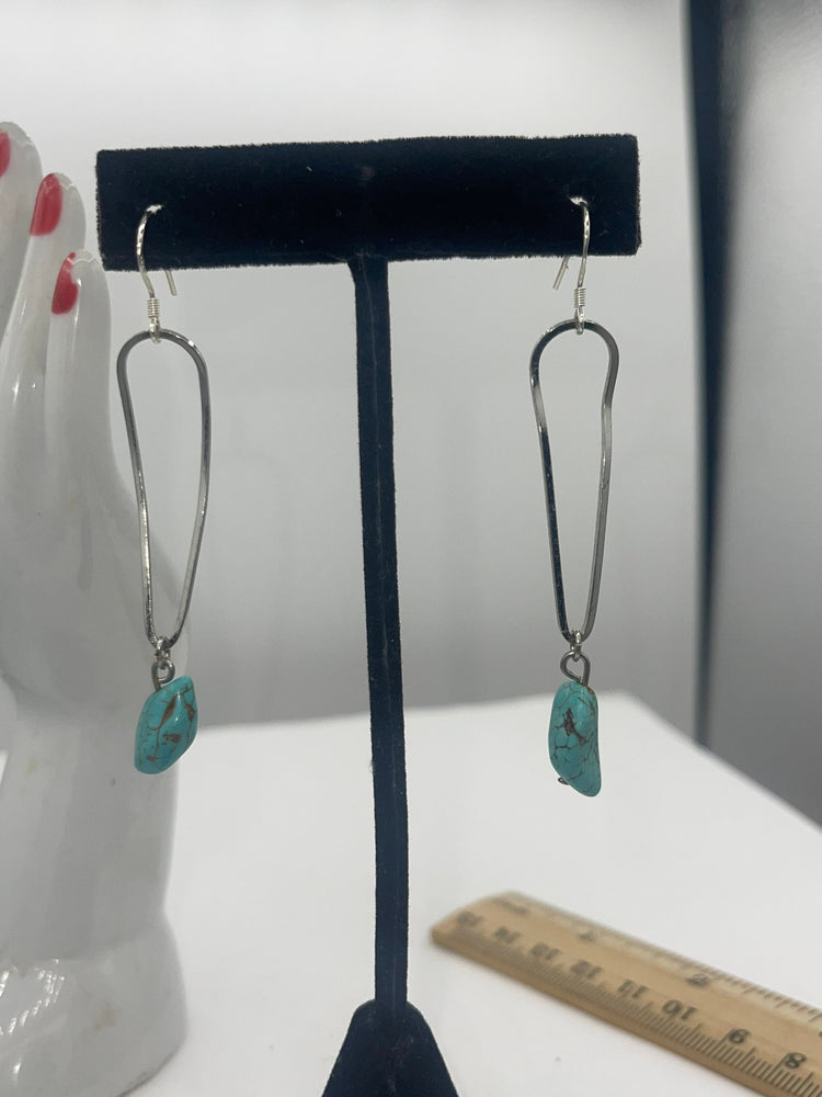 Vintage Long Dangles Turquoise Gemstone Earrings Sterling Silver Ear Hooks