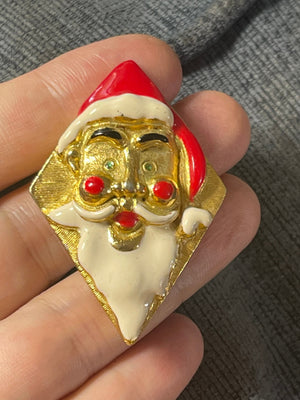 Antique - Vintage Santa Claus Brooch Mid Century Modern Gold Tone Enamel Costume Christmas Pin