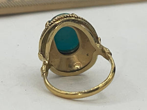 Vintage Large Deep Blue Turquoise Gemstone Ring Sterling Silver Gold Vermeil Twisted Rope Bezel Persian? size 5