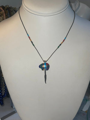 Beautiful Native American Indian Inlaid w gemstones Bear Pendant w Feather Liquid Silver Necklace Zuni Southwestern