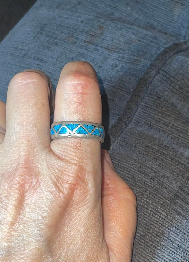 Vintage Native American Indian Inlaid Turquoise Band Sterling Silver Men’ or Women’s  Southwestern Size 10