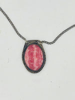 Vintage Sterling Silver Pink Rhodochrosite Gemstone Sterling Silver Pendant Necklace w Chain