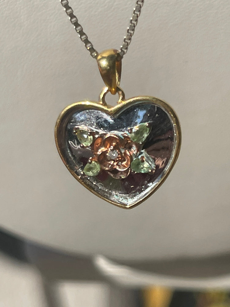 Vintage Heart Rose Pendant Genuine peridot and Diamond Necklace Chain